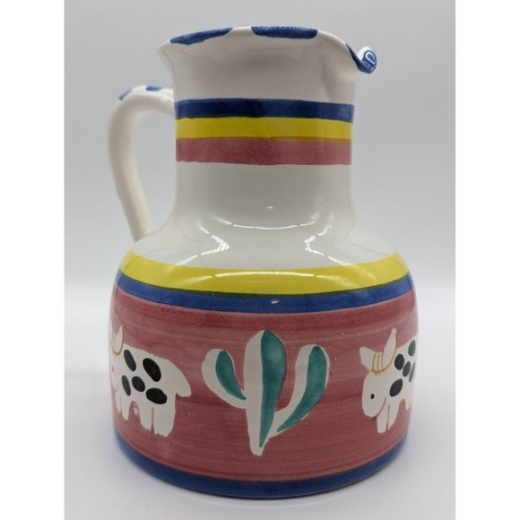 Ceramica Arte Bello Pitcher Jug Ceramic Hand-painted Cow Saguero Cactus - Picture 12 of 12